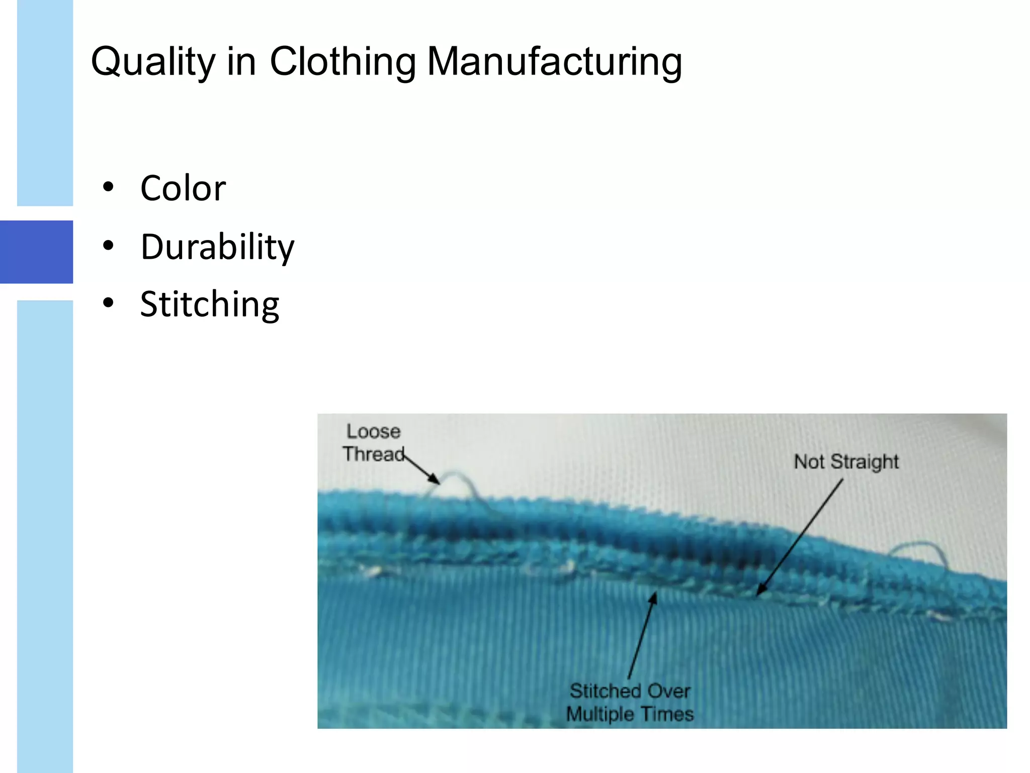 Quality in Clothing Manufacturing
• Color
• Durability
• Stitching
 