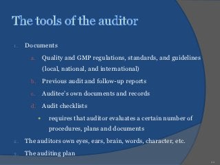 1.   Documents
       a.       Quality and GMP regulations, standards, and guidelines
                (local, national, and international)
       b.       Previous audit and follow-up reports
       c.       Auditee’s own documents and records
       d.       Audit checklists
                 requires that auditor evaluates a certain number of
                  procedures, plans and documents
2.   The auditors own eyes, ears, brain, words, character, etc.
3.   The auditing plan
                                                                         22
 