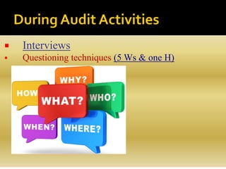  Interviews
 Questioning techniques (5 Ws & one H)
 