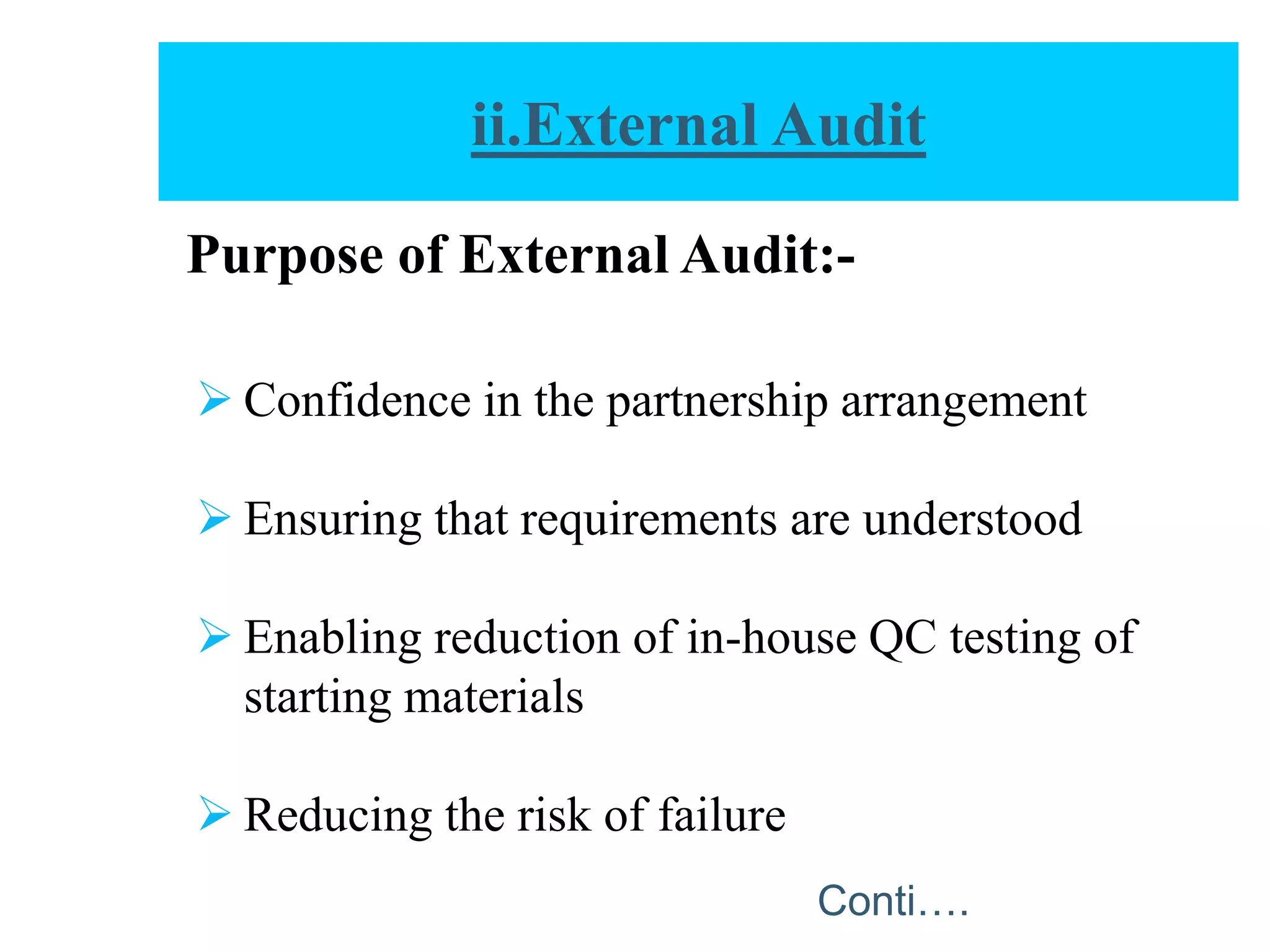 EXTERNAL AUDIT
Purpose of External Audit:-
 Confidence in the partnership arrangement
 Ensuring that requirements are understood
 Enabling reduction of in-house QC testing of
starting materials
 Reducing the risk of failure
ii.External Audit
Conti….
 