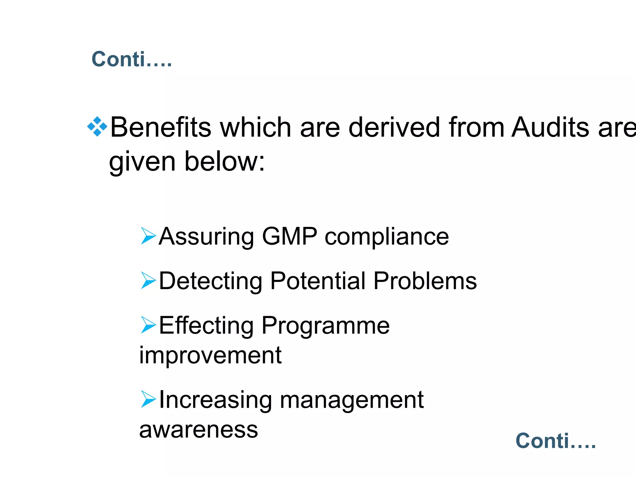 Assuring GMP compliance
Detecting Potential Problems
Effecting Programme
improvement
Increasing management
awareness
Benefits which are derived from Audits are
given below:
Conti….
Conti….
 