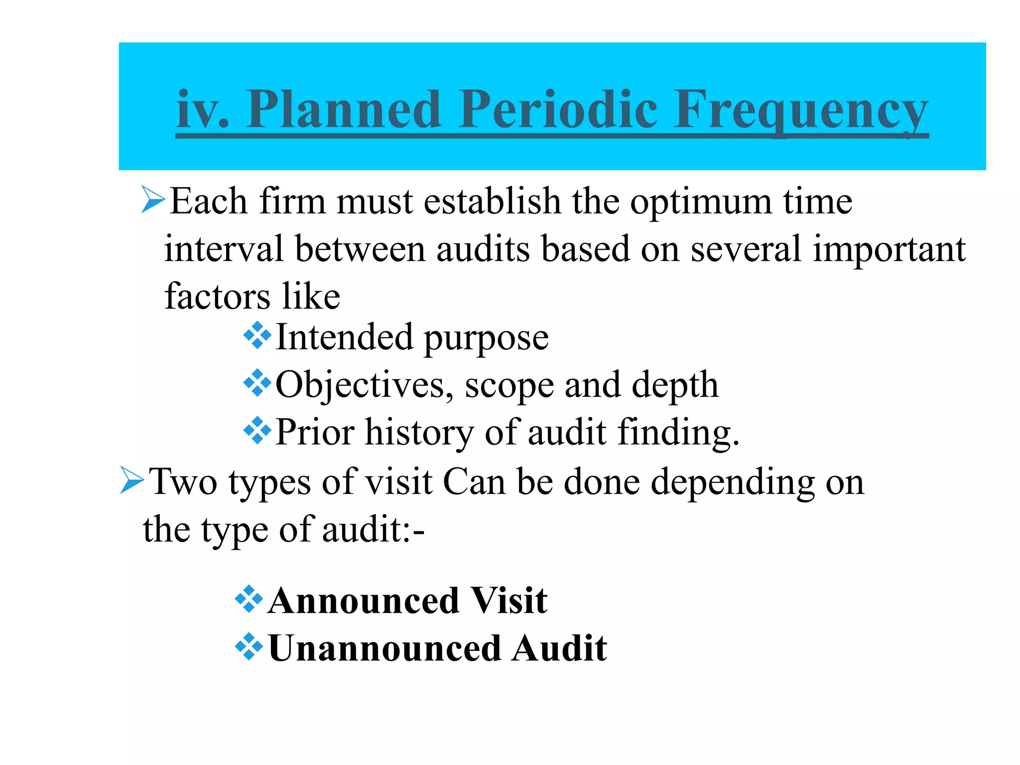 Each firm must establish the optimum time
interval between audits based on several important
factors like
Intended purpose
Objectives, scope and depth
Prior history of audit finding.
Two types of visit Can be done depending on
the type of audit:-
Announced Visit
Unannounced Audit
iv. Planned Periodic Frequency
 
