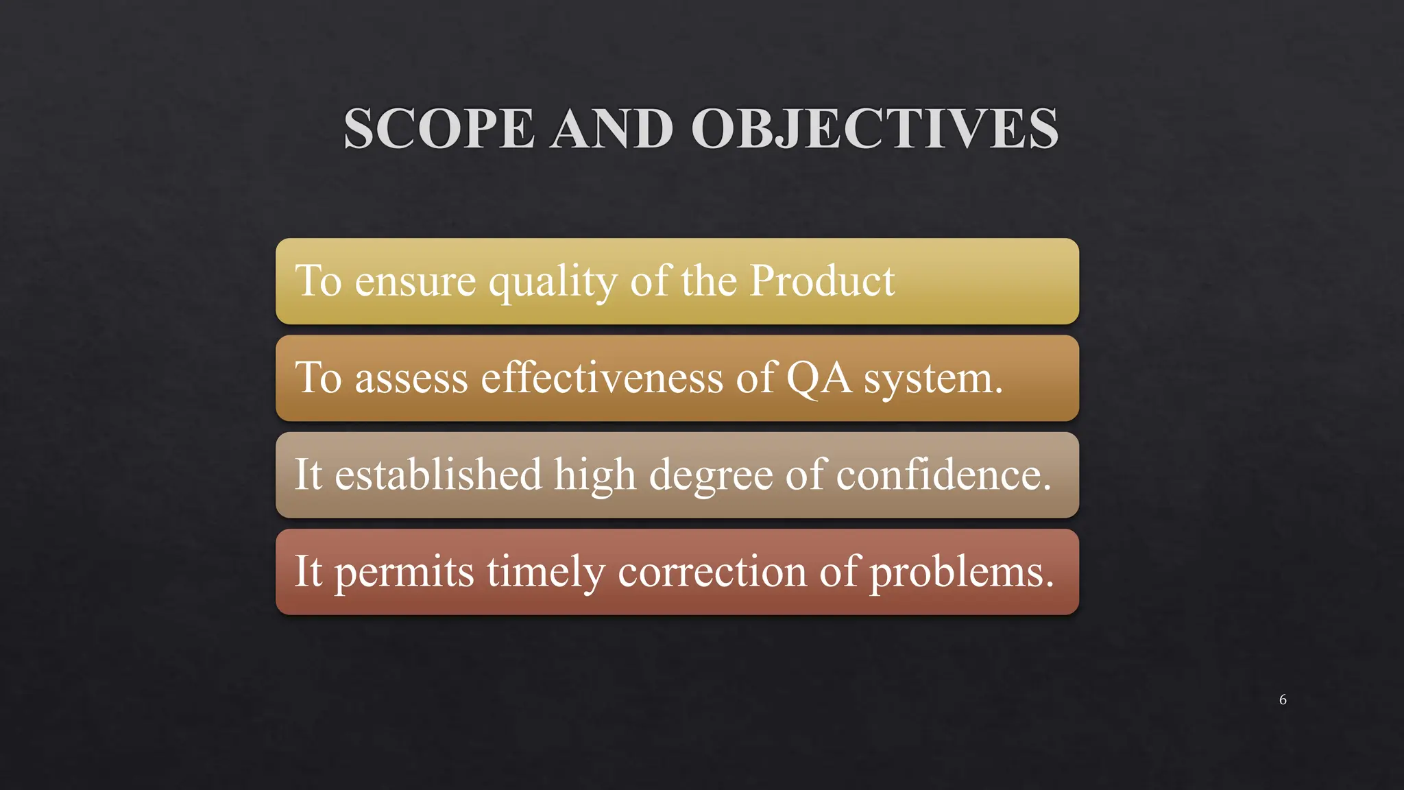 To ensure quality of the Product
To assess effectiveness of QA system.
It established high degree of confidence.
It permits timely correction of problems.
6
 