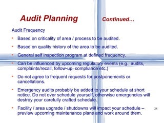Audit Frequency Based on criticality of area / process to be audited. Based on quality history of the area to be audited. General self inspection program at defined frequency. Can be influenced by upcoming regulatory events (e.g., audits, complaints/recall, follow-up, compliance etc.) Do not agree to frequent requests for postponements or cancellations. Emergency audits probably be added to your schedule at short notice. Do not over schedule yourself, otherwise emergencies will destroy your carefully crafted schedule. Facility / area upgrade / shutdowns will impact your schedule – preview upcoming maintenance plans and work around them. Audit Planning Continued… 
