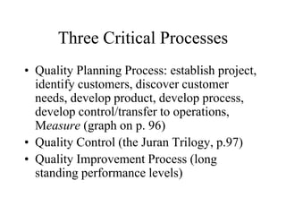 Three Critical Processes
• Quality Planning Process: establish project,
identify customers, discover customer
needs, develop product, develop process,
develop control/transfer to operations,
Measure (graph on p. 96)
• Quality Control (the Juran Trilogy, p.97)
• Quality Improvement Process (long
standing performance levels)
 
