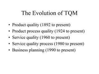 The Evolution of TQM
• Product quality (1892 to present)
• Product process quality (1924 to present)
• Service quality (1960 to present)
• Service quality process (1980 to present)
• Business planning (1990 to present)
 