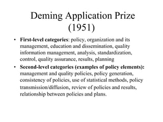 Deming Application Prize
(1951)
• First-level categories: policy, organization and its
management, education and dissemination, quality
information management, analysis, standardization,
control, quality assurance, results, planning
• Second-level categories (examples of policy elements):
management and quality policies, policy generation,
consistency of policies, use of statistical methods, policy
transmission/diffusion, review of policies and results,
relationship between policies and plans.
 