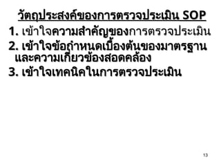 13
วัตถุประสงค์ของการตรวจประเมิน
วัตถุประสงค์ของการตรวจประเมิน SOP
SOP
1
1.
. เข้าใจ
เข้าใจความสำคัญของ
ความสำคัญของการตรวจประเมิน
การตรวจประเมิน
2
2.
. เข้าใจข้อกำหนดเบื้องต้นของมาตรฐาน
เข้าใจข้อกำหนดเบื้องต้นของมาตรฐาน
และความเกี่ยวข้องสอดคล้อง
และความเกี่ยวข้องสอดคล้อง
3
3.
. เข้าใจเทคนิคในการตรวจประเมิน
เข้าใจเทคนิคในการตรวจประเมิน
 