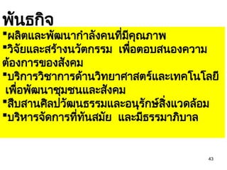 43
พันธกิจ
ผลิตและพัฒนากำลังคนที่มีคุณภาพ
วิจัยและสร้างนวัตกรรม เพื่อตอบสนองความ
ต้องการของสังคม
บริการวิชาการด้านวิทยาศาสตร์และเทคโนโลยี
เพื่อพัฒนาชุมชนและสังคม
สืบสานศิลปวัฒนธรรมและอนุรักษ์สิ่งแวดล้อม
บริหารจัดการที่ทันสมัย และมีธรรมาภิบาล
 