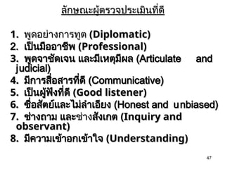 47
ลักษณะผู้ตรวจประเมินที่ดี
ลักษณะผู้ตรวจประเมินที่ดี
1.
1. พูดอย่างการทูต
พูดอย่างการทูต (Diplomatic)
(Diplomatic)
2.
2. เป็นมืออาชีพ
เป็นมืออาชีพ (Professional)
(Professional)
3.
3. พูดจาชัดเจน และมีเหตุมีผล
พูดจาชัดเจน และมีเหตุมีผล (Articulate
(Articulate and
and
j
judicial)
udicial)
4.
4. มีการสื่อสารที่ดี
มีการสื่อสารที่ดี (Communicative)
(Communicative)
5.
5. เป็นผู้ฟังที่ดี
เป็นผู้ฟังที่ดี (Good listener)
(Good listener)
6.
6. ซื่อสัตย์และไม่ลำเอียง
ซื่อสัตย์และไม่ลำเอียง (Honest and
(Honest and u
u nbiased)
nbiased)
7.
7. ช่างถาม และ
ช่างถาม และช่าง
ช่างสังเกต
สังเกต (Inquiry and
(Inquiry and
observant)
observant)
8.
8. มีความเข้าอกเข้าใจ
มีความเข้าอกเข้าใจ (Understanding)
(Understanding)
 