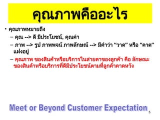 5
• คุณภาพหมายถึง
– คุณ --> ดี มีประโยชน์, คุณค่า
– ภาพ --> รูป ภาพพจน์ ภาพลักษณ์ --> มีคำว่า “วาด” หรือ “คาด”
แฝงอยู่
– คุณภาพ ของสินค้าหรือบริการในสายตาของลูกค้า คือ ลักษณะ
ของสินค้าหรือบริการที่ดีมีประโยชน์ตามที่ลูกค้าคาดหวัง
คุณภาพคืออะไร
 