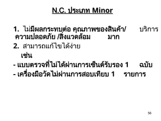 56
N.C.
N.C. ประเภท
ประเภท Minor
Minor
1. ไม่มีผลกระทบต่อ คุณภาพของสินค้า/ บริการ
ความปลอดภัย /สิ่งแวดล้อม มาก
2. สามารถแก้ไขได้ง่าย
เช่น
- แบบตรวจที่ไม่ได้ผ่านการเซ็นต์รับรอง 1 ฉบับ
- เครื่องมือวัดไม่ผ่านการสอบเทียบ 1 รายการ
 