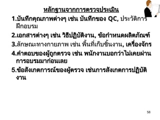 58
หลักฐานจากการตรวจประเมิน
หลักฐานจากการตรวจประเมิน
1.
1.บันทึกคุณภาพต่างๆ เช่น บันทึกของ
บันทึกคุณภาพต่างๆ เช่น บันทึกของ QC,
QC, ประวัติการ
ประวัติการ
ฝึกอบรม
ฝึกอบรม
2.
2.เอกสารต่างๆ เช่น วิธีปฏิบัติงาน
เอกสารต่างๆ เช่น วิธีปฏิบัติงาน,
, ข้อกำหนดผลิตภัณฑ์
ข้อกำหนดผลิตภัณฑ์
3.
3.ลักษณะทางกายภาพ เช่น พื้นที่เก็บชิ้นงาน
ลักษณะทางกายภาพ เช่น พื้นที่เก็บชิ้นงาน,
, เครื่องจักร
เครื่องจักร
4.
4.คำตอบของผู้ถูกตรวจ เช่น พนักงานบอกว่าไม่เคยผ่าน
คำตอบของผู้ถูกตรวจ เช่น พนักงานบอกว่าไม่เคยผ่าน
การอบรมมาก่อนเลย
การอบรมมาก่อนเลย
5.
5.ข้อสังเกตการณ์ของผู้ตรวจ เช่นการสังเกตการปฏิบัติ
ข้อสังเกตการณ์ของผู้ตรวจ เช่นการสังเกตการปฏิบัติ
งาน
งาน
 