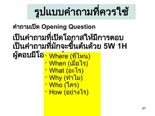 67
คำถามเปิด Opening Question
เป็นคำถามที่เปิดโอกาสให้มีการตอบ
เป็นคำถามที่มักจะขึ้นต้นด้วย 5W 1H
ผู้ตอบมีโอกาสอธิบาย
รูปแบบคำถามที่ควรใช้

Where (ที่ไหน)

When (เมื่อไร)

What (อะไร)

Why (ทำไม)

Who (ใคร)

How (อย่างไร)
 