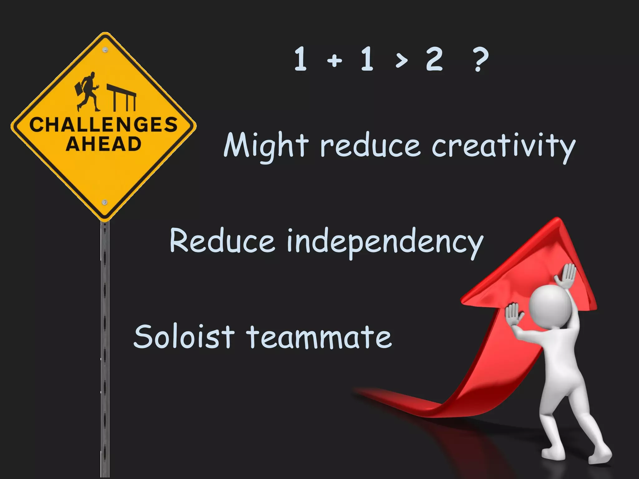 Reduce independency
Might reduce creativity
1 + 1 > 2 ?
Soloist teammate
 