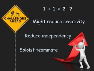 Reduce independency
Might reduce creativity
1 + 1 > 2 ?
Soloist teammate
 