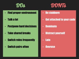 - Be stubborn
- Get attached to your code
- Dominate
- Distract yourself
- Late
- Overuse
DOs DONTs
- Find proper environment
- Talk a lot
- Postpone hard decisions
- Take shared breaks
- Switch roles frequently
- Switch pairs often
 