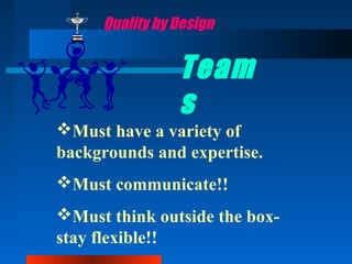 Quality by Design 
Team 
s 
Must have a variety of 
backgrounds and expertise. 
Must communicate!! 
Must think outside the box-stay 
flexible!! 
 