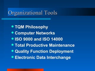 OOrrggaanniizzaattiioonnaall TToooollss 
TQM Philosophy 
Computer Networks 
ISO 9000 and ISO 14000 
Total Productive Maintenance 
Quality Function Deployment 
Electronic Data Interchange 
 