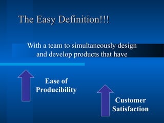 TThhee EEaassyy DDeeffiinniittiioonn!!!!!! 
With a team to simultaneously design 
and develop products that have 
Ease of 
Producibility 
Customer 
Satisfaction 
 