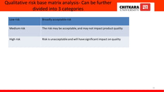 Qualitative risk base matrix analysis- Can be further
divided into 3 categories
Low risk Broadly acceptablerisk
Medium risk The risk may be acceptable,and may not impact product quality
High risk Risk is unacceptableand will havesignificant impact on quality
16
 