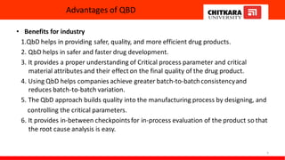 Advantages of QBD
• Benefits for industry
1.QbD helps in providing safer, quality, and more efficient drug products.
2. QbD helps in safer and faster drug development.
3. It provides a proper understanding of Critical process parameter and critical
material attributes and their effect on the final quality of the drug product.
4. Using QbD helps companies achieve greater batch-to-batchconsistencyand
reduces batch-to-batch variation.
5. The QbD approach builds quality into the manufacturing process by designing, and
controlling the critical parameters.
6. It provides in-between checkpointsfor in-process evaluation of the product so that
the root cause analysis is easy.
5
 