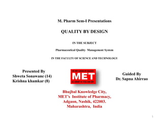M. Pharm Sem-I Presentations
QUALITY BY DESIGN
IN THE SUBJECT
Pharmaceutical Quality Management System
IN THE FACULTY OF SCIENCE AND TECHNOLOGY
Bhujbal Knowledge City,
MET’s Institute of Pharmacy,
Adgaon, Nashik, 422003.
Maharashtra, India
1
Presented By
Shweta Sonawane (14)
Krishna khamkar (8)
Guided By
Dr. Sapna Ahirrao
 