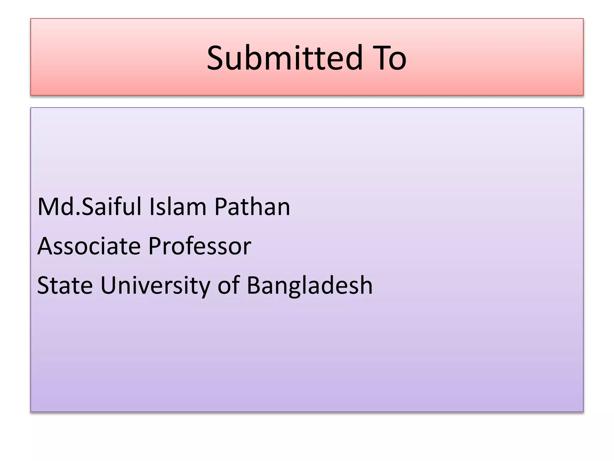 Submitted To
Md.Saiful Islam Pathan
Associate Professor
State University of Bangladesh
 