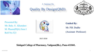 A Seminar On
Quality By Design(QbD)
Presented By:
Mr. Balu .S . Khandare
M. Pharm(PQA) Sem I
Roll No.523
Guided By:
Mr. P.B. Dudhe
(Assistant Professor)
Sinhgad College of Pharmacy, Vadgaon(Bk.), Pune-411041.
2017-2018
10-09-2018 1
 