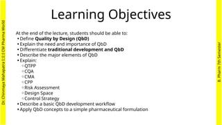 Learning Objectives
At the end of the lecture, students should be able to:
•Define Quality by Design (QbD)
•Explain the need and importance of QbD
•Differentiate traditional development and QbD
•Describe the major elements of QbD
•Explain:
◦QTPP
◦CQA
◦CMA
◦CPP
◦Risk Assessment
◦Design Space
◦Control Strategy
•Describe a basic QbD development workflow
•Apply QbD concepts to a simple pharmaceutical formulation
Dr.
Chinmaya
Mahapatra
I::I::I
CM
Pharma
World
B.
Pharm
7th
Semester
 