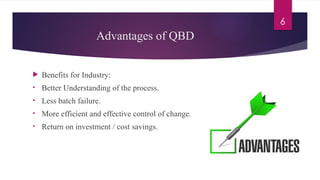 6
Advantages of QBD
 Benefits for Industry:
• Better Understanding of the process.
• Less batch failure.
• More efficient and effective control of change.
• Return on investment / cost savings.
 