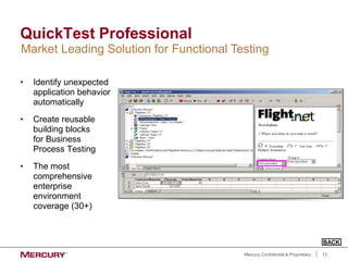 13
Mercury Confidential & Proprietary
QuickTest Professional
• Identify unexpected
application behavior
automatically
• Create reusable
building blocks
for Business
Process Testing
• The most
comprehensive
enterprise
environment
coverage (30+)
Market Leading Solution for Functional Testing
BACK
 