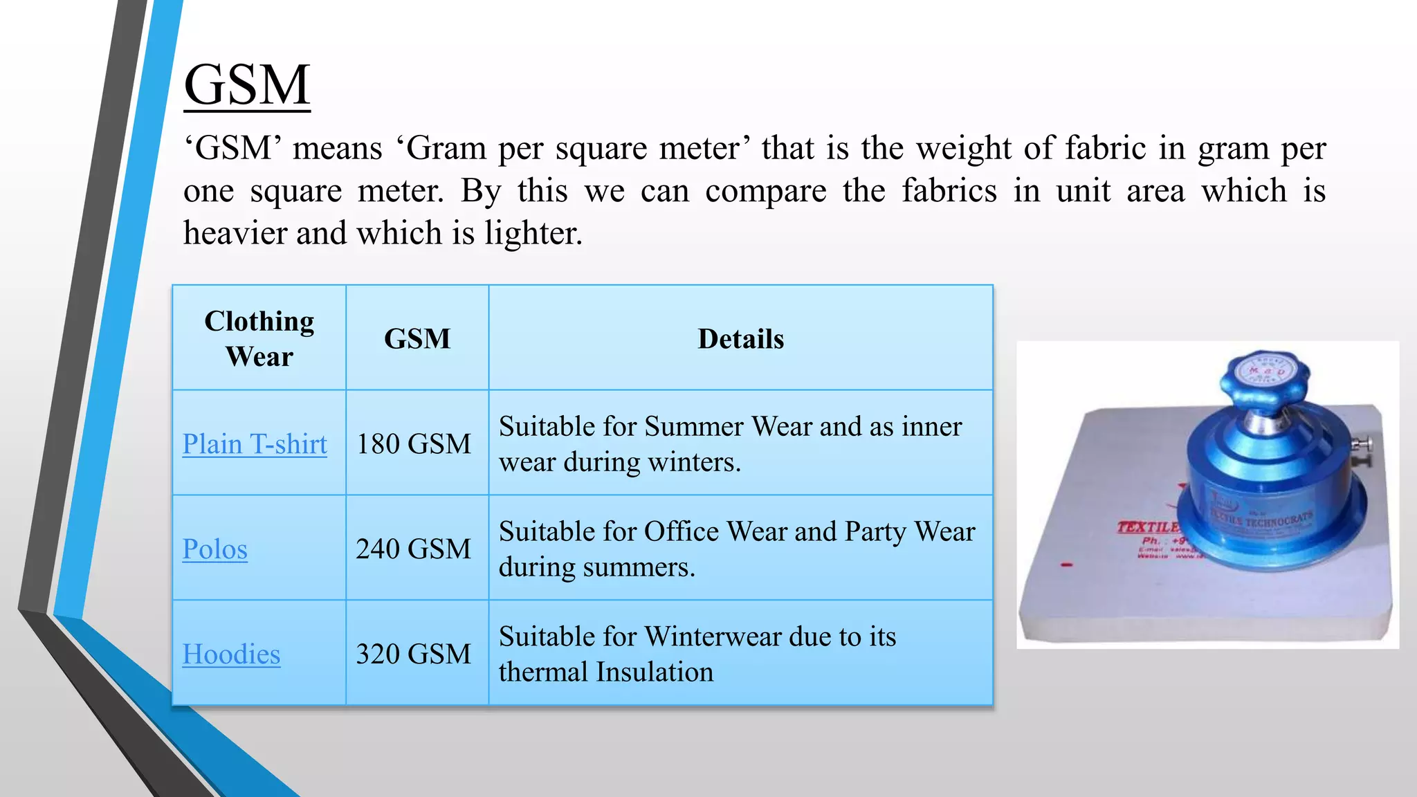 GSM
‘GSM’ means ‘Gram per square meter’ that is the weight of fabric in gram per
one square meter. By this we can compare the fabrics in unit area which is
heavier and which is lighter.
Clothing
Wear
GSM Details
Plain T-shirt 180 GSM
Suitable for Summer Wear and as inner
wear during winters.
Polos 240 GSM
Suitable for Office Wear and Party Wear
during summers.
Hoodies 320 GSM
Suitable for Winterwear due to its
thermal Insulation
 