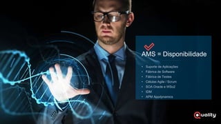 AMS = Disponibilidade
• Suporte de Aplicações
• Fábrica de Software
• Fábrica de Testes
• Células Agile / Scrum
• SOA Oracle e WSo2
• IDM
• APM Appdynamics
 