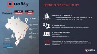 SOBRE O GRUPO QUALITY
MATRIZ: RJ
SÃO PAULO
BAHIA
PARANÁ
sedes4
Atuação
nacional
+ 28
anos
CENTROS DE COMPETÊNCIA
- Plataforma de suporte e GRC com automação e KCS;
- Service Desk, NOC, N3, SOA, FSW, GRC;
+ 700 CONTRATOS
Faturamento crescente na ordem de mais de 20% ao ano.
+ 1400 COLABORADORES
• 100% CLT
• R&S especializado em TI.
Alta qualidade de serviços e flexibilidade no atendimento
comercial sempre antecipando inovação e tendências à frente
do mercado.
 
