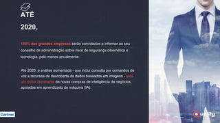 ATÉ
2020,
100% das grandes empresas serão convidadas a informar ao seu
conselho de administração sobre risco de segurança cibernética e
tecnologia, pelo menos anualmente.
Até 2020, a análise aumentada - que inclui consulta por comandos de
voz e recursos de descoberta de dados baseados em imagens - será
um motor dominante de novas compras de inteligência de negócios,
apoiadas em aprendizado de máquina (IA).
 