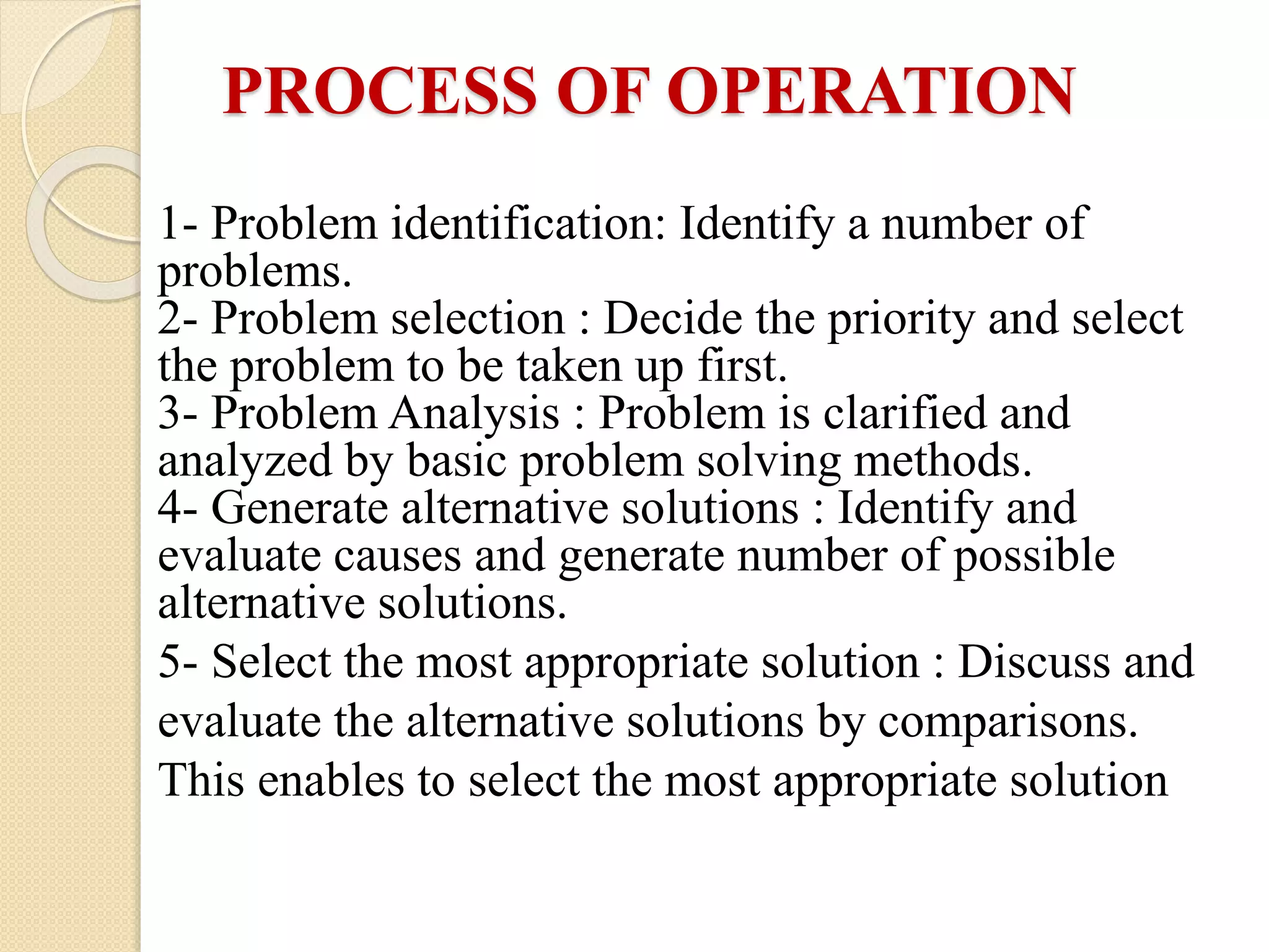 1- Problem identification: Identify a number of
problems.
2- Problem selection : Decide the priority and select
the problem to be taken up first.
3- Problem Analysis : Problem is clarified and
analyzed by basic problem solving methods.
4- Generate alternative solutions : Identify and
evaluate causes and generate number of possible
alternative solutions.
5- Select the most appropriate solution : Discuss and
evaluate the alternative solutions by comparisons.
This enables to select the most appropriate solution
PROCESS OF OPERATION
 