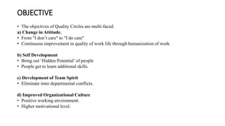 OBJECTIVE
• The objectives of Quality Circles are multi-faced.
a) Change in Attitude.
• From "I don’t care" to "I do care"
• Continuous improvement in quality of work life through humanization of work
b) Self Development
• Bring out ‘Hidden Potential’ of people
• People get to learn additional skills.
c) Development of Team Spirit
• Eliminate inter departmental conflicts.
d) Improved Organizational Culture
• Positive working environment.
• Higher motivational level.
 