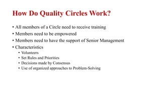 How Do Quality Circles Work?
• All members of a Circle need to receive training
• Members need to be empowered
• Members need to have the support of Senior Management
• Characteristics
• Volunteers
• Set Rules and Priorities
• Decisions made by Consensus
• Use of organized approaches to Problem-Solving
 