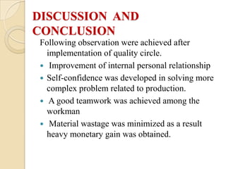 DISCUSSION AND
CONCLUSION
Following observation were achieved after
  implementation of quality circle.
 Improvement of internal personal relationship
 Self-confidence was developed in solving more
  complex problem related to production.
 A good teamwork was achieved among the
  workman
 Material wastage was minimized as a result
  heavy monetary gain was obtained.
 