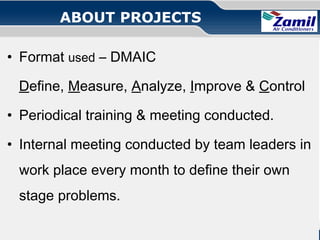 ABOUT PROJECTS
• Format used – DMAIC
Define, Measure, Analyze, Improve & Control
• Periodical training & meeting conducted.
• Internal meeting conducted by team leaders in
work place every month to define their own
stage problems.
Operations U & A

together we can

Quality Circle!

 