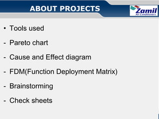 ABOUT PROJECTS
• Tools used
- Pareto chart
- Cause and Effect diagram
- FDM(Function Deployment Matrix)
- Brainstorming
- Check sheets
Operations U & A

together we can

Quality Circle!

 