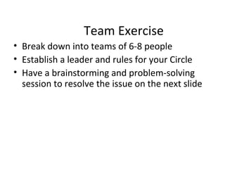 Team Exercise
• Break down into teams of 6-8 people
• Establish a leader and rules for your Circle
• Have a brainstorming and problem-solving
session to resolve the issue on the next slide
 