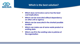Which is the best solution?
Which does not involve cost or has the least
cost implications
Which can be executed without dependency
on other unit or agency
Which can be executed in the shortest possible
duration
Which can make use of some waste product or
existing data
Which can fit in the existing rules & policies of
the organisation
 