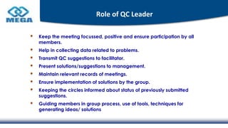 Role of QC Leader
Keep the meeting focussed, positive and ensure participation by all
members.
Help in collecting data related to problems.
Transmit QC suggestions to facilitator.
Present solutions/suggestions to management.
Maintain relevant records of meetings.
Ensure implementation of solutions by the group.
Keeping the circles informed about status of previously submitted
suggestions.
Guiding members in group process, use of tools, techniques for
generating ideas/ solutions
 