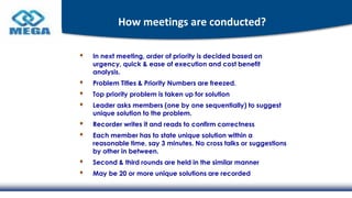 How meetings are conducted?
In next meeting, order of priority is decided based on
urgency, quick & ease of execution and cost benefit
analysis.
Problem Titles & Priority Numbers are freezed.
Top priority problem is taken up for solution
Leader asks members (one by one sequentially) to suggest
unique solution to the problem.
Recorder writes it and reads to confirm correctness
Each member has to state unique solution within a
reasonable time, say 3 minutes. No cross talks or suggestions
by other in between.
Second & third rounds are held in the similar manner
May be 20 or more unique solutions are recorded
 