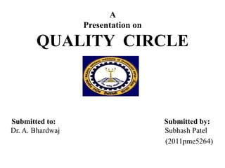 A
                  Presentation on

       QUALITY CIRCLE



Submitted to:                       Submitted by:
Dr. A. Bhardwaj                     Subhash Patel
                                    (2011pme5264)
 