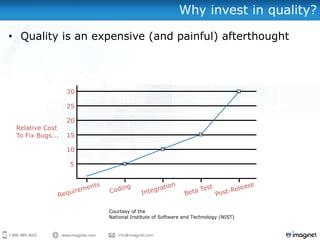 Why invest in quality?

• Quality is an expensive (and painful) afterthought




                  30

                  25

                  20
 Relative Cost
 To Fix Bugs...   15

                  10

                  5




                       Courtesy of the
                       National Institute of Software and Technology (NIST)
 