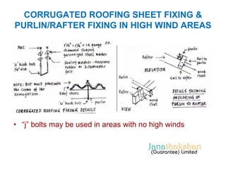 CORRUGATED ROOFING SHEET FIXING & 
PURLIN/RAFTER FIXING IN HIGH WIND AREAS 
• “j” bolts may be used in areas with no high winds 
 