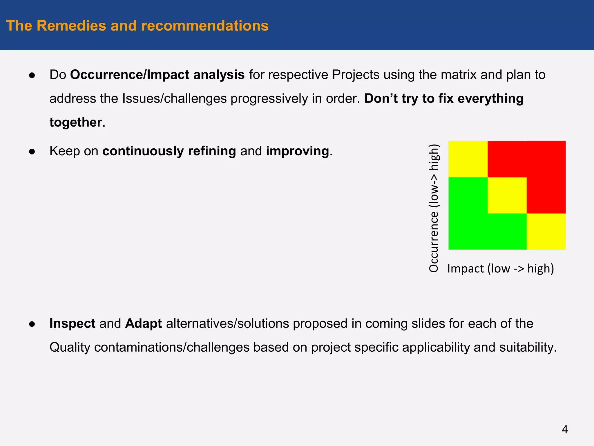 ● Do Occurrence/Impact analysis for respective Projects using the matrix and plan to
address the Issues/challenges progressively in order. Don’t try to fix everything
together.
● Keep on continuously refining and improving.
● Inspect and Adapt alternatives/solutions proposed in coming slides for each of the
Quality contaminations/challenges based on project specific applicability and suitability.
The Remedies and recommendations
4
Impact (low -> high)
Occurrence(low->high)
 